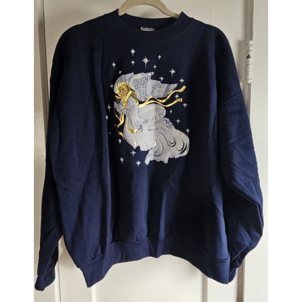 Vintage Hanes Christmas embossed puff Angel print sweatshirt navy blue Adult XL